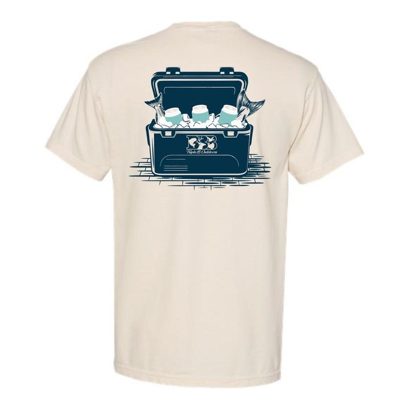 An ivory tee with a back print of a cooler packed with ice and drinks