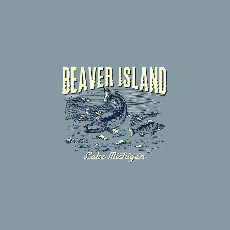 Hand drawn Beaver Island artwork of trout and perch over a lake bed