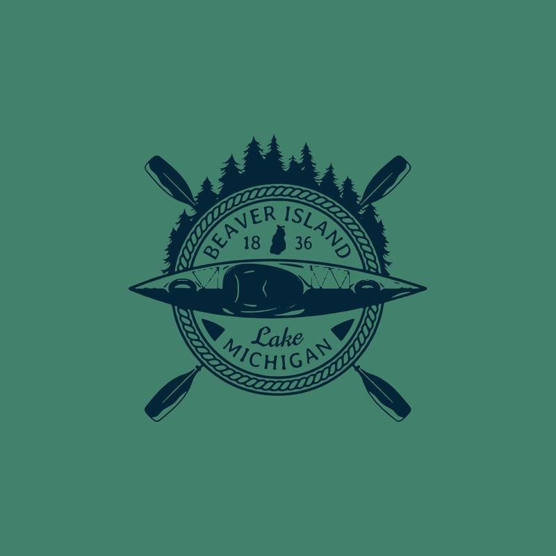 A Beaver Island roundel with crossed paddles, a kayak and a pine treeline