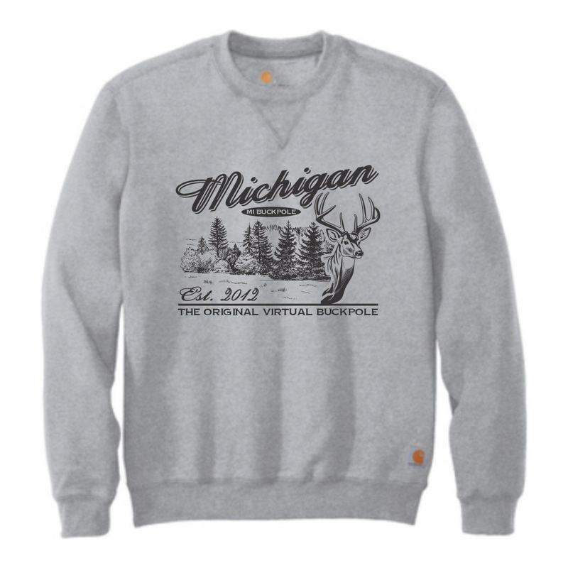 A gray crewneck sweatshirt printed with the Michigan Buckpole whitetail design
