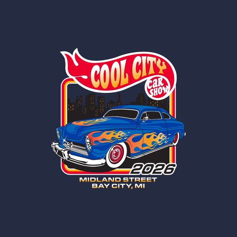 Cool City Car Show artwork with a flamed lead sled over a city skyline