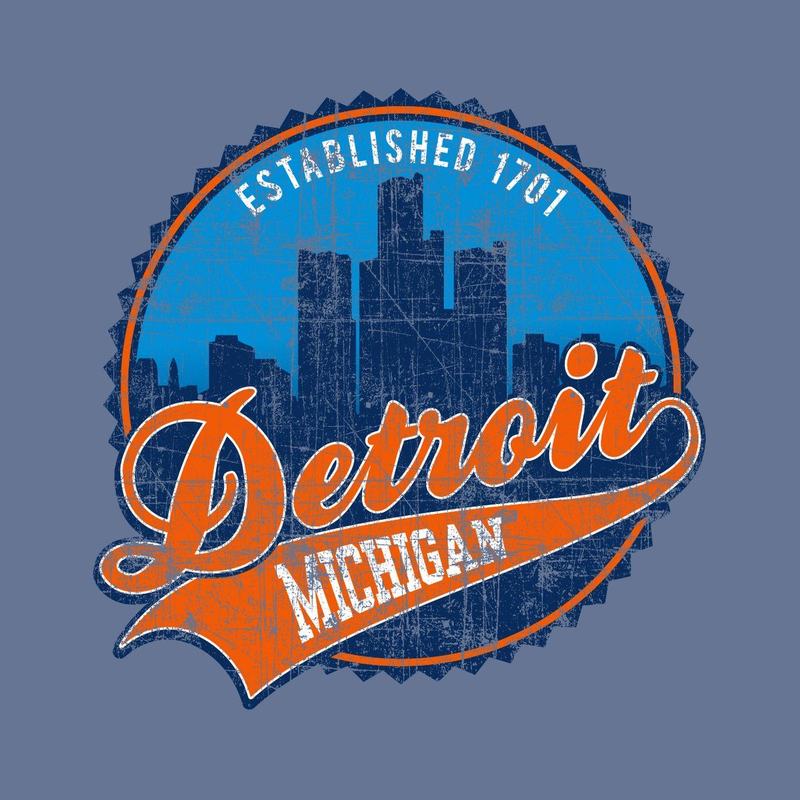 A Detroit Michigan crest with the city skyline and a script wordmark