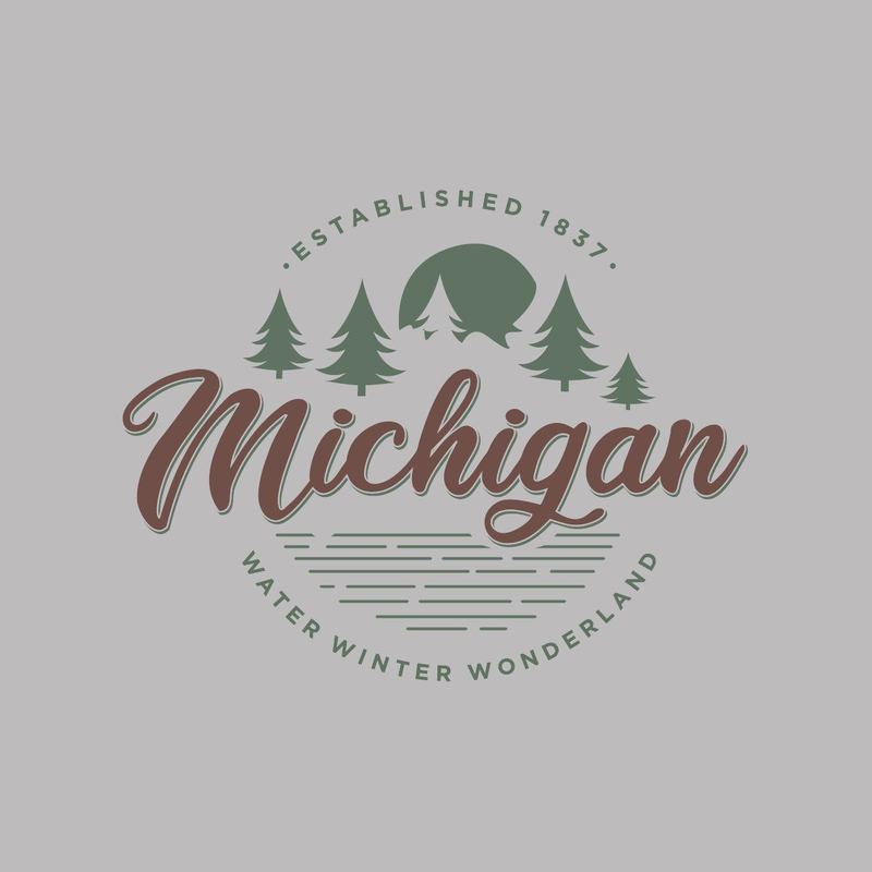A Michigan Water Winter Wonderland badge with pines and a setting sun