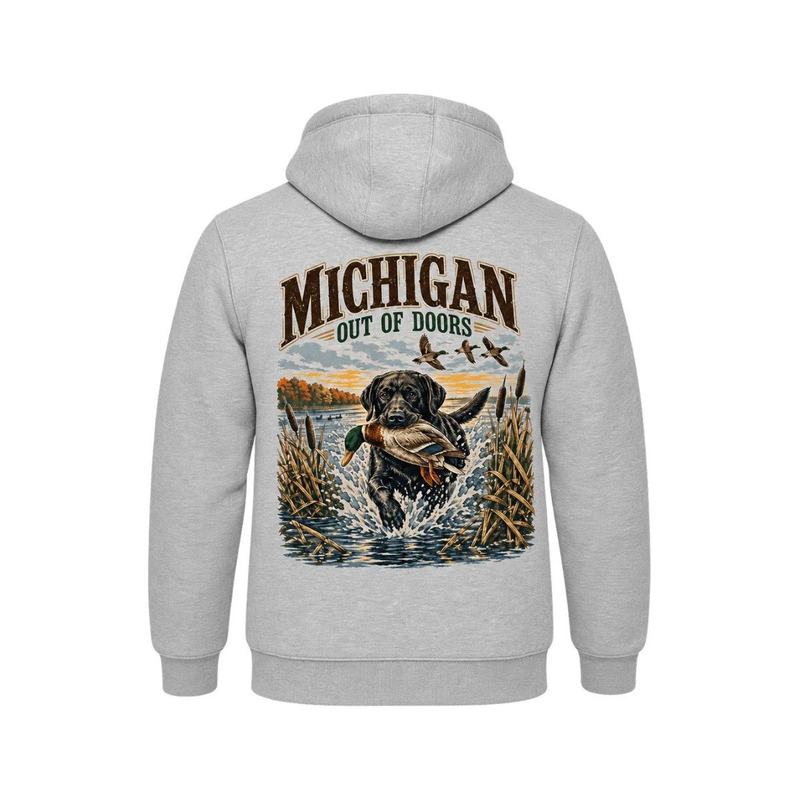 A gray hoodie with a back print of a retriever carrying a mallard through cattails