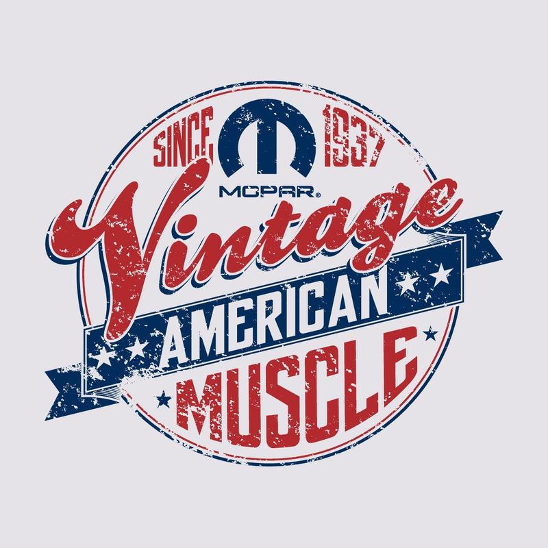 A distressed Mopar Vintage American Muscle badge in red, white and blue