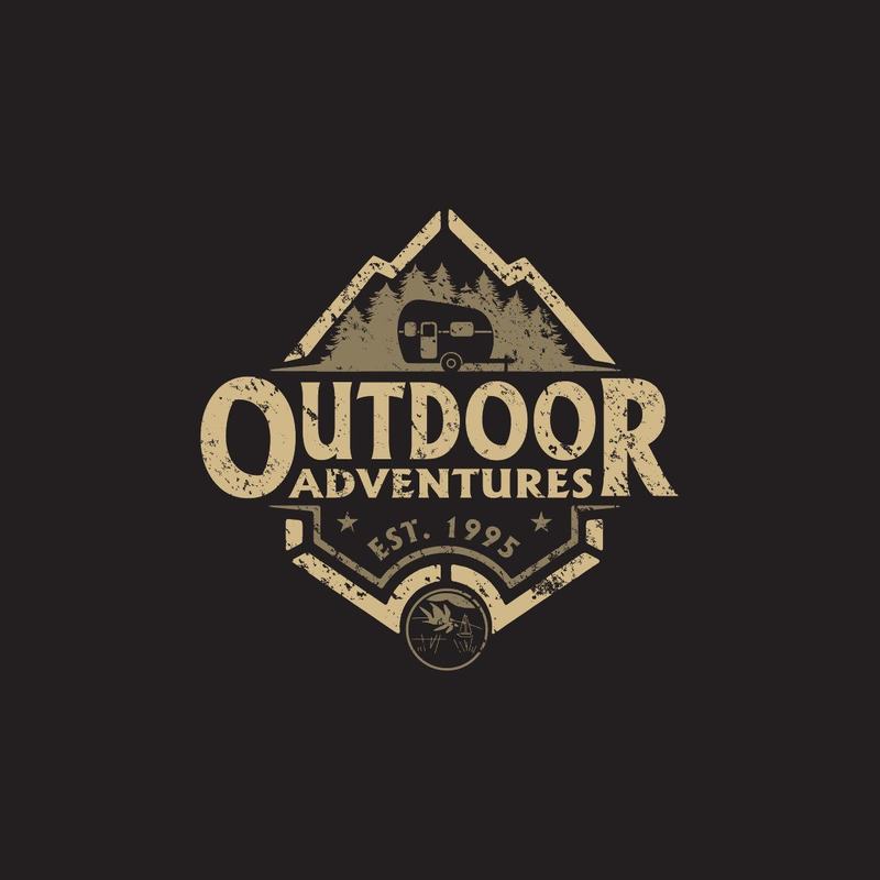 An Outdoor Adventures badge with a camper trailer set in a mountain diamond