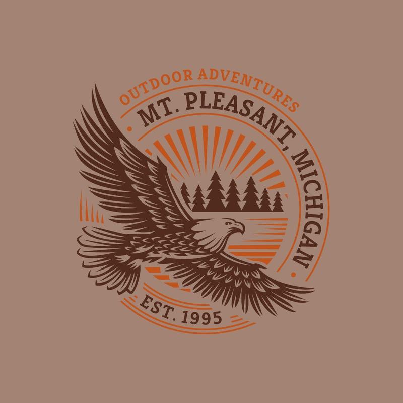 An eagle in flight over pines inside a Mt. Pleasant Michigan roundel