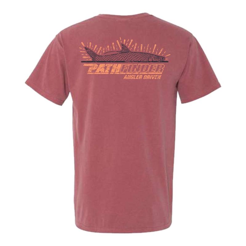 A brick red tee printed with the Pathfinder Angler Driven tarpon design