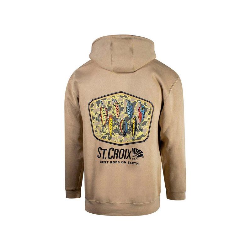 A khaki hoodie with a back print of fishing lures on a camouflage patch